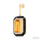 12x8 MM Emerald Cut Citrine and 1/3 ctw Round Cut Diamond Halo & Black Enamel Border Semi Precious Earrings in 14K Yellow Gold