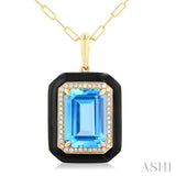 14x10 MM Emerald Cut Blue Topaz and 1/5 ctw Round Cut Diamond Halo & Black Enamel Border Semi Precious Pendant With Chain in 14K Yellow Gold