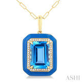 14x10 MM Emerald Cut Blue Topaz and 1/5 ctw Round Cut Diamond Halo & Blue Enamel Border Semi Precious Pendant With Chain in 14K Yellow Gold