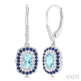 6x4 MM Oval Cut Aquamarine, 1.25 MM Sapphire and 1/3 ctw Round Cut Diamond Halo Precious and Semi Precious Fashion Earrings in 14K White Gold