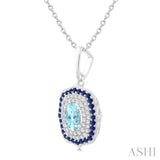 7x5 MM Oval Cut Aquamarine, 1.25MM Sapphire and 1/3 ctw Round Cut Diamond Halo Precious and Semi Precious Fashion Pendant With Chain in 14K White Gold