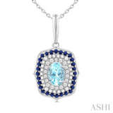 7x5 MM Oval Cut Aquamarine, 1.25MM Sapphire and 1/3 ctw Round Cut Diamond Halo Precious and Semi Precious Fashion Pendant With Chain in 14K White Gold