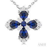 4x3 MM Pear and 2 MM Round Sapphire and 1/6 ctw Round Cut Diamond Floral Blossom Precious Pendant With Chain in 14K white Gold