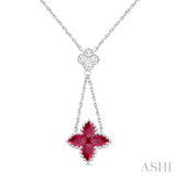 4x3 MM Pear Cut & 2.1 MM Princess Cut Ruby and 1/10 ctw Round Cut Diamond Floral Blossom Precious Necklace in 14K White Gold