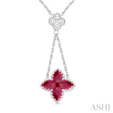 4x3 MM Pear Cut & 2.1 MM Princess Cut Ruby and 1/10 ctw Round Cut Diamond Floral Blossom Precious Necklace in 14K White Gold